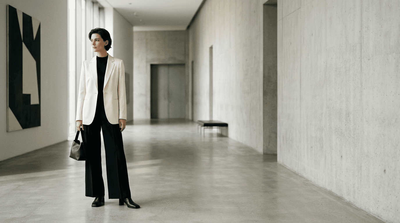 Minimal editorial fashion portrait in a light modern interior